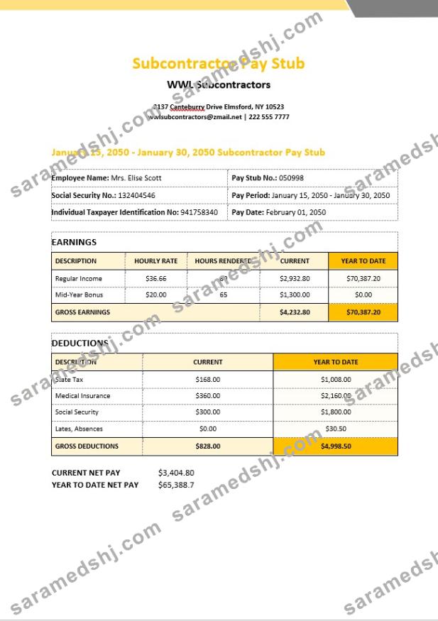WWL Subcontractors pay stub in PDF and Word formats